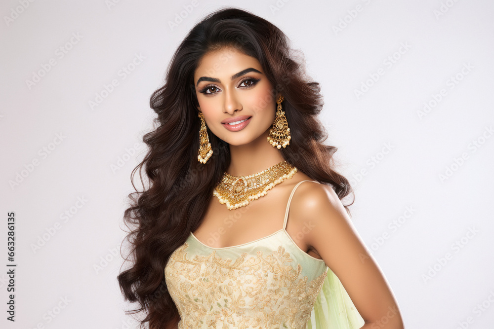 Beautiful young Indian woman with long hair on white background Beautiful young Indian woman with long hair on white background
