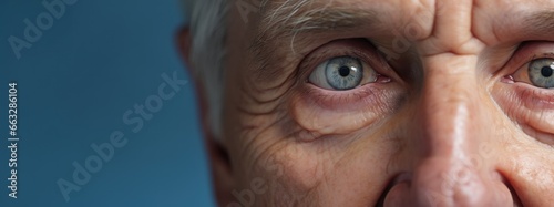 Close up face of an elderly senior man with detailed eyes and wrinkles on neutral blue background with copy space