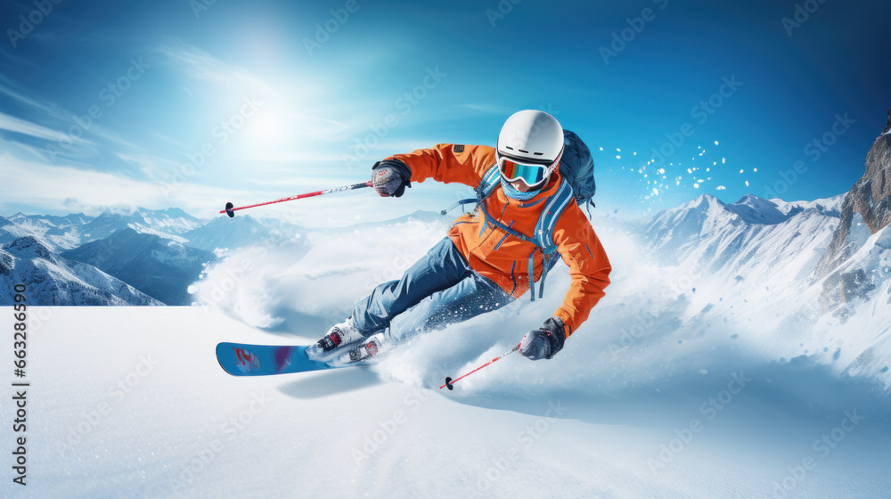 Skier sliding down mountain slope