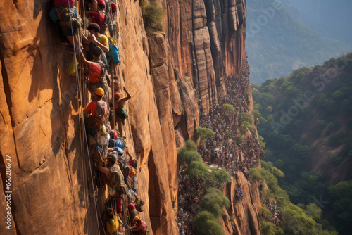 Climber climbing rock wall with safety rope