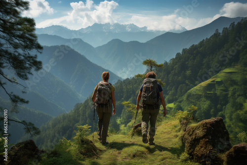 Tourists walking in the mountains with big backpacks