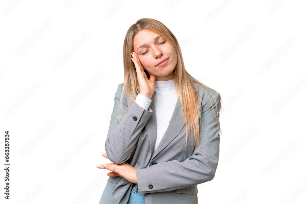 Young pretty blonde woman over isolated chroma key background with headache