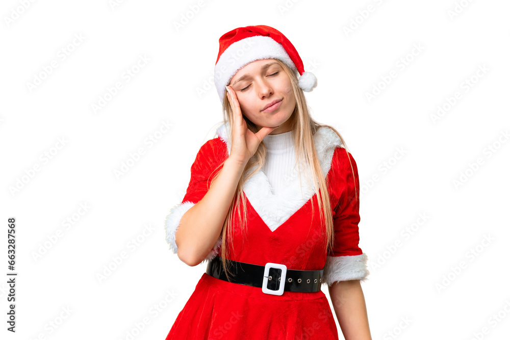 Young blonde woman with christmas hat over isolated chroma key background with headache Young blonde woman with christmas hat over isolated chroma key background with headache