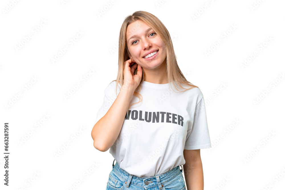 Young volunteer woman over isolated chroma key background laughing Young volunteer woman over isolated chroma key background laughing