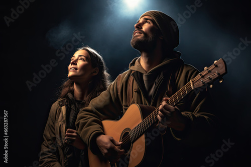 A young man and a girl look into the distance, play the guitar and sing.