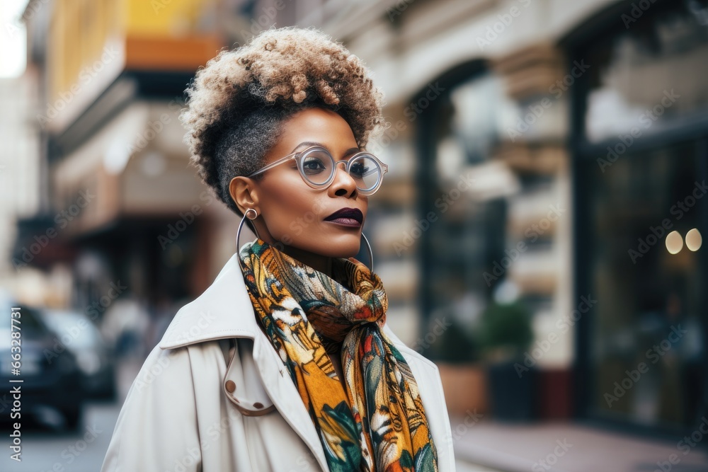 Stylish and fashionable young African American woman with curly hair, wearing sunglasses, exuding confidence and positivity on a city street. Stylish and fashionable young African American woman with curly hair, wearing sunglasses, exuding confidence and positivity on a city street.