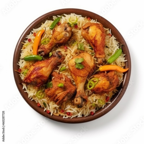chicken mandi rice top view dish in white background 