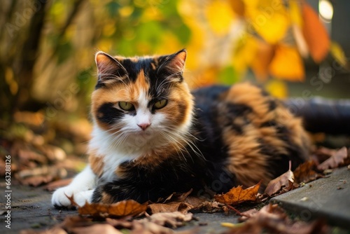 A tortoiseshell cat rests on the ground outdoors. Generative AI photo