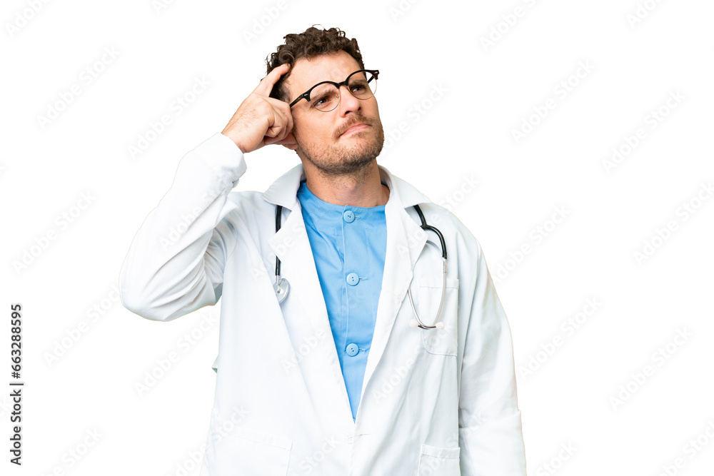 Brazilian doctor man over isolated chroma key background having doubts and with confuse face expression Brazilian doctor man over isolated chroma key background having doubts and with confuse face expression