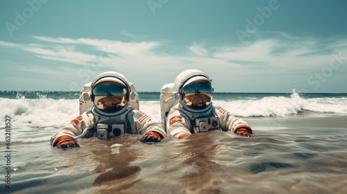 Two astronauts sea beach. © Little