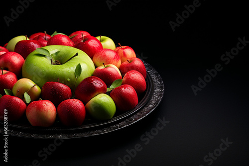 red and green apples on black background