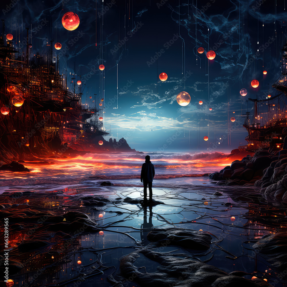 A lonely figure stands on a dark beach, peering into the vast expanses of the digital world. Gloomy atmospheric illustration. Generative AI A lonely figure stands on a dark beach, peering into the vast expanses of the digital world. Gloomy atmospheric illustration. Generative AI