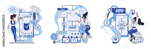 Application testing metaphor. Vector illustration. Application testing, crucible where coding errors are uncovered and rectified App test, sandbox for validating apps functionality Software testing