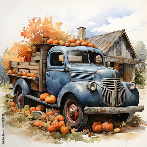 Vintage truck with pumpkins and autumn leaves on a white background. Vintage pickup truck with pumpkins and autumn leaves. 3D illustration.. Ai Generated 