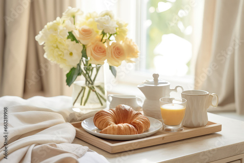 Traditional Romantic Breakfast Served In White And Beige Bedroom