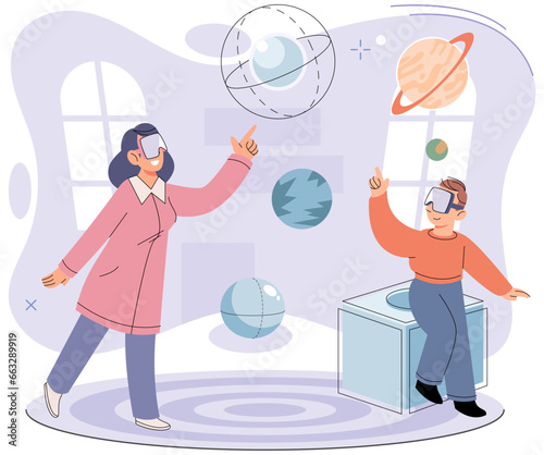 Family studying in virtual or augmented reality with VR headset. Happy mother and child in AR glasses at home. People and interactive cyberspace with various planets and space objects in living room