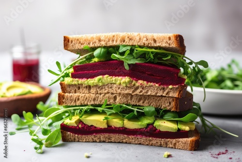Vegan Sandwiches Featuring Beetroot Hummus, Beet, Cheese, Avocado, And Arugula