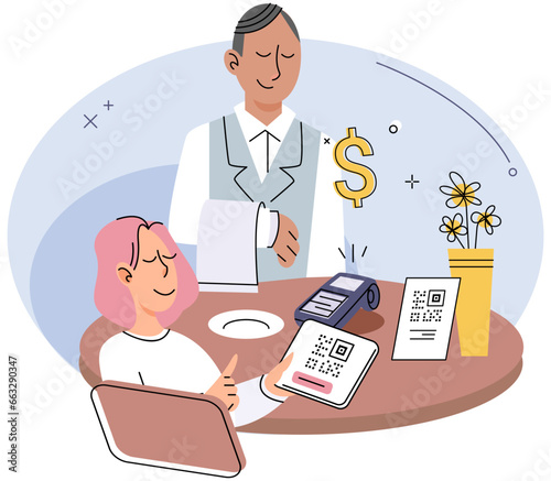 Person use phone for scan qr code and quick online internet pay in restaurant. Buyer paying by app on smartphone in cafe or shop. Mobile wireless cashless or contactless payment transaction system