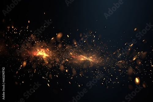 Glowing gold stars. Abstract christmas sparkle. Golden galaxy. Festive glittering on black background. Magic in night