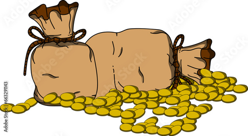 A pile of bags of gold coins. Vector illustration of a sack of gold coins and scattered gold