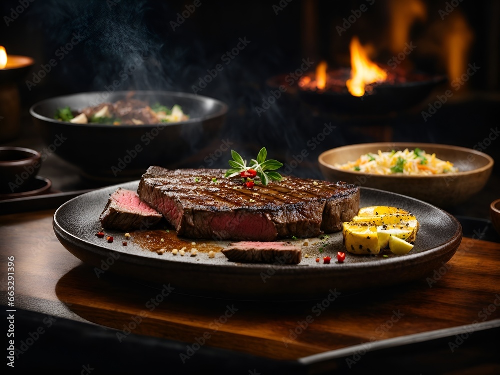 Fototapeta premium Perfectly marbled Kobe rib eye steak, seared to perfection. AI generated