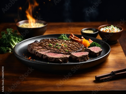 Perfectly marbled Kobe rib eye steak, seared to perfection. AI generated