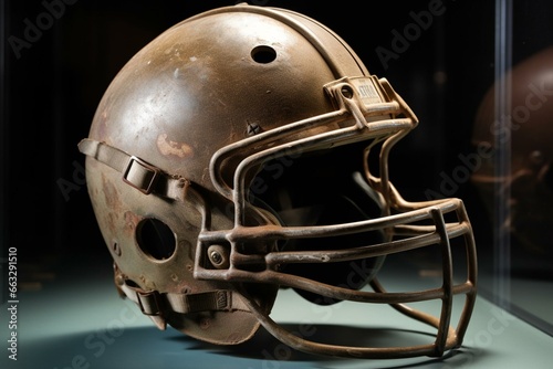 Exploring the development and design of American football helmets throughout history. Generative AI