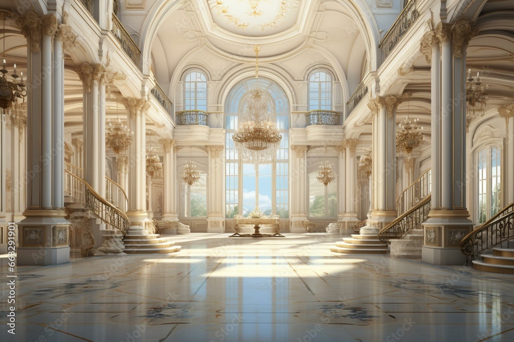 Elegant grand hall with a classical design portrayed as a digital interior illustration. Generative AI