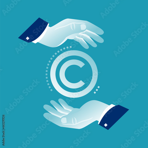 Hands of a businessman hold an icon with a copyright symbol. Intellectual property concept. Copyright and legislation. Property rights and brand patent protection. Vector illustration flat design.