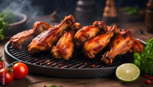 Wallpaper Mural BBQ chicken wings on the grill, fried chicken with spices and herbs, wooden table, tomatoes Torontodigital.ca