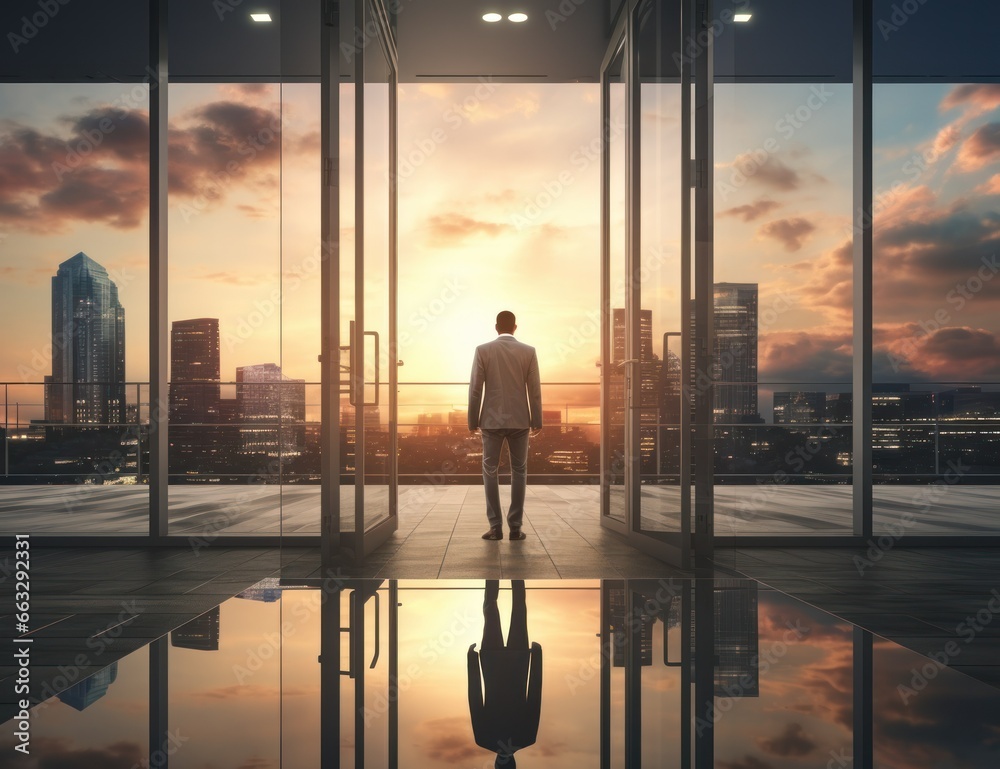 Businessman in glass room with reflection in sky in the horizon, in the style of dystopian cityscapes, vibrant stage backdrops, lucid developments of his subjects, generative ai Businessman in glass room with reflection in sky in the horizon, in the style of dystopian cityscapes, vibrant stage backdrops, lucid developments of his subjects, generative ai