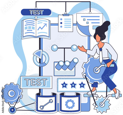Application testing metaphor. Vector illustration. Software testing, final frontier before code goes live Application testing, diagnostic procedure for softwares health App test, rehearsal stage