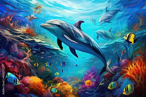 Dolphin and tropical fish in the coral reef. Illustration, Dolphin with group of colorful fish and sea animals with colorful coral underwater in the ocean, AI Generated © Iftikhar alam