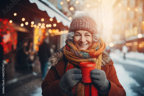 beautiful elderly woman warming up with a cup of hot coffee on snowy background in city winter outdoors