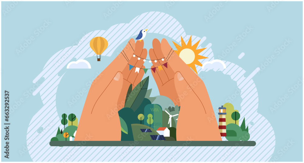 Wellbeing metaphor. Vector illustration. Support of professional growth, wind beneath employees wings Support insurance, safety harness on climb to professional heights Employee wellbeing, pulse