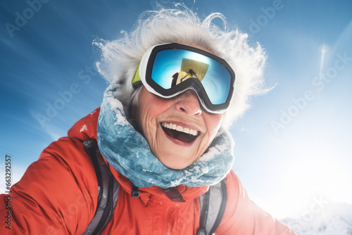 happy granny snowboarder in the mountains © RJ.RJ. Wave