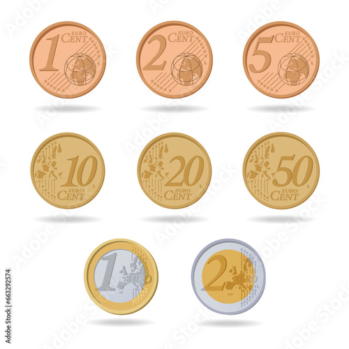 Set of coins drawn in vector style. The illustration is drawn on a white background