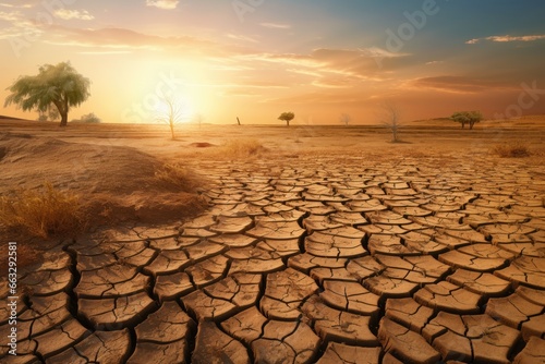 Landscape with dry and cracked ground. Global warming and climate change concept, drought land and hot weather, AI Generated