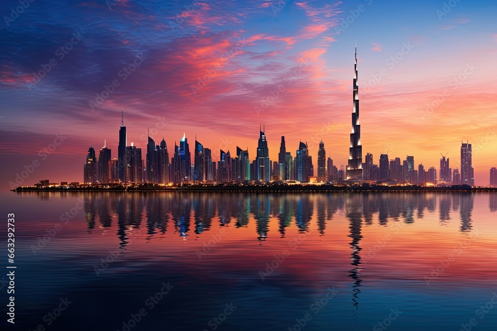 Dubai skyline in Dubai, UAE. Dubai was the fastest developing city in the world between 2002 and 2008, Dubai skyline in the evening, AI Generated