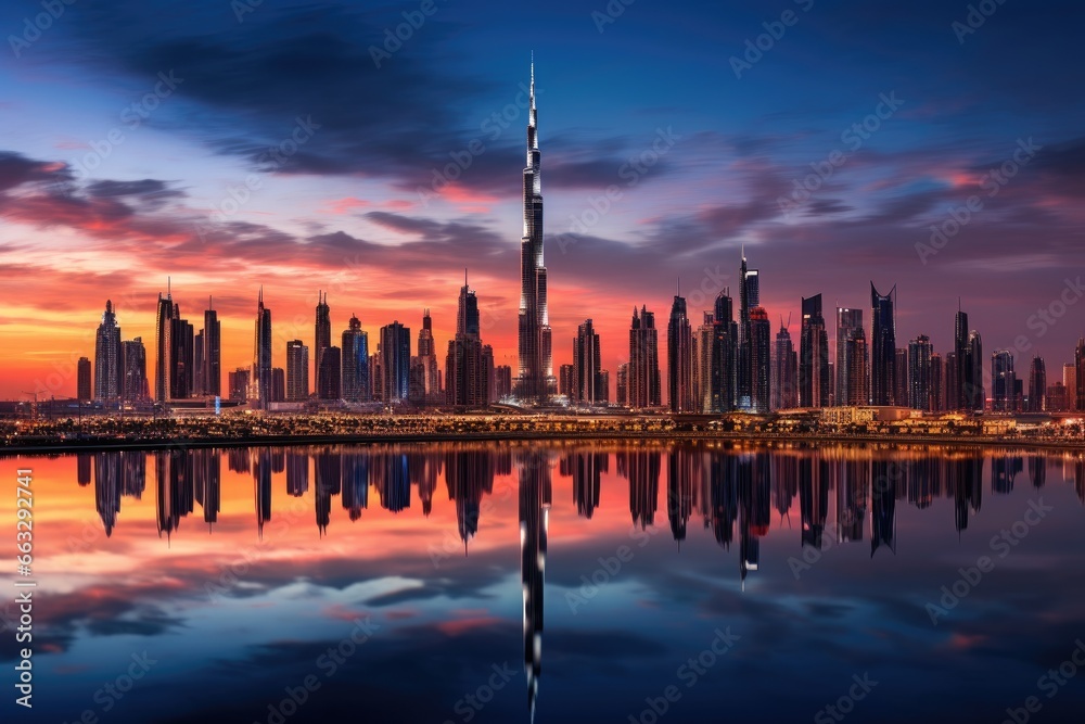 Dubai skyline at sunset with reflection in Dubai lake, United Arab Emirates, Dubai skyline in the evening, AI Generated