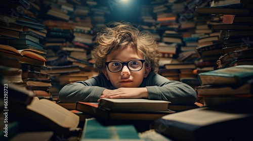 boy with glasses sitting in a pile of books in library, in the style of reimagined by industrial light and magic, schoolgirl lifestyle