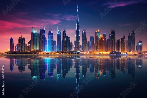 Dubai skyline at sunset, United Arab Emirates. Dubai is the fastest growing city in the world, Dubai skyline in the evening, AI Generated photo