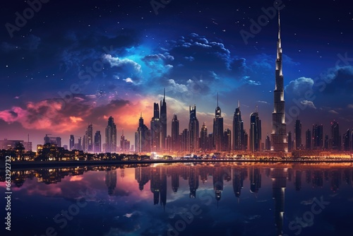 Shanghai skyline at night with reflection in Huangpu river  Dubai Panoramic Night View  AI Generated