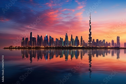 Dubai skyline in Dubai  UAE. Dubai was the fastest developing city in the world between 2002 and 2008  Dubai skyline in the evening  AI Generated