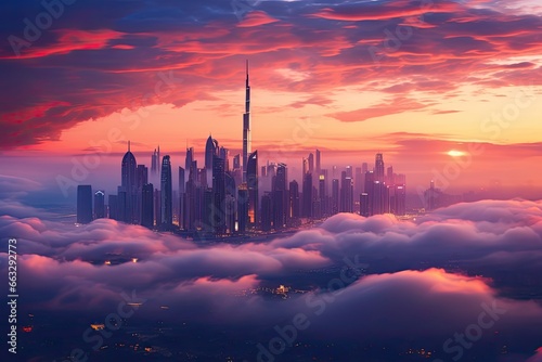 Fantasy landscape with skyscrapers in the clouds. 3d render  Dubai sunset view of downtown covered with clouds  AI Generated