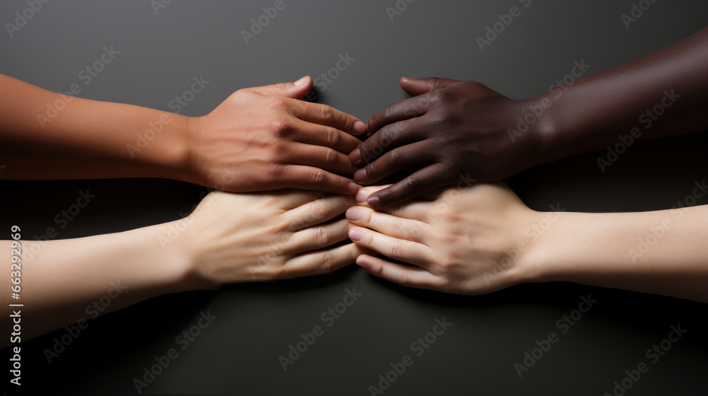 Hands of multiethnic people holding each other on gray background, closeup. Different nationalities fold their handd , symbolizing their unity and support.