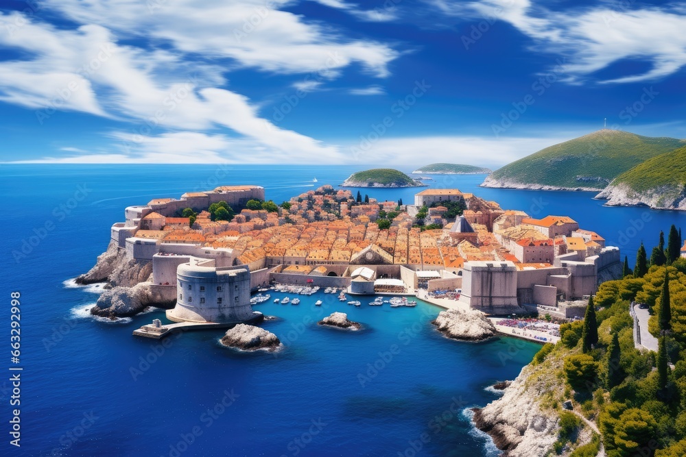 Dubrovnik old town in Croatia. Panoramic view, Dubrovnik landscape. / Aerial view at famous european travel destination in Croatia, Dubrovnik old town, AI Generated