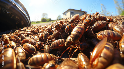 Lot of cockroaches crawling on the ground. photo