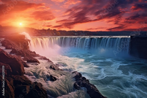 Gullfoss waterfall at sunset, Iceland. HDR image, Dusk at Niagara Falls, AI Generated photo
