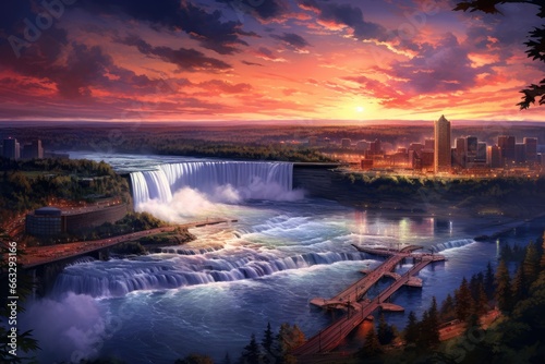 Niagara Falls at sunset, Ontario, Canada. The most powerful waterfall in the world, Dusk at Niagara Falls, AI Generated photo